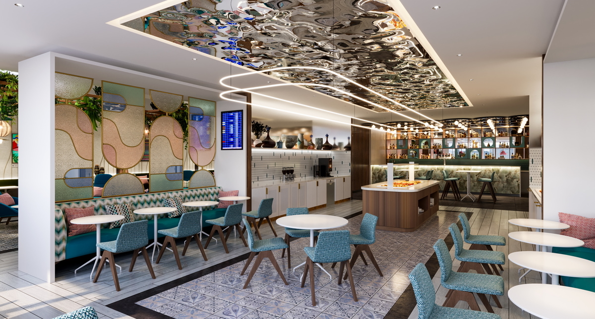 dining area with tables, and bar in background.