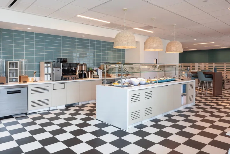 Food buffet area and espresso machine.