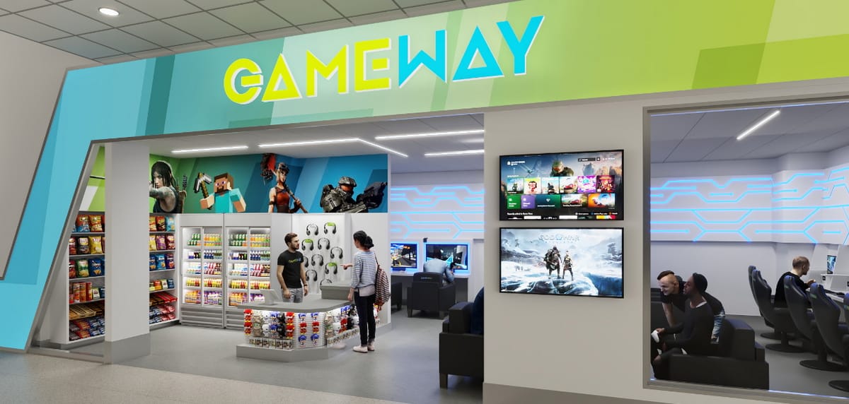 Rendering of the main entrance area of the Gameway lounge in Detroit near gate A17.