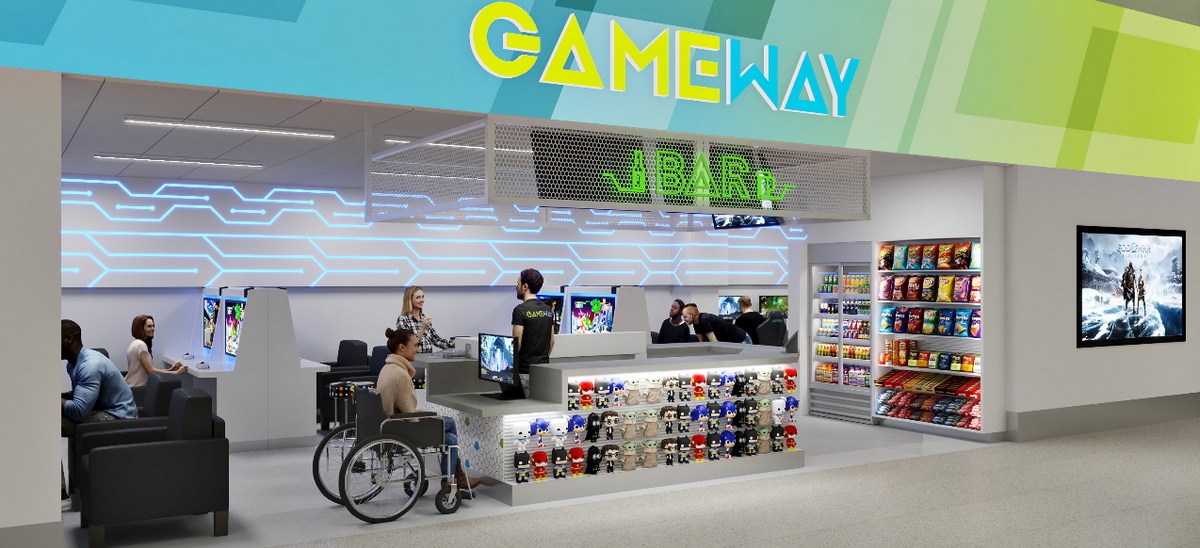 Front entrance to the Gameway lounge at the Detroit Airport.