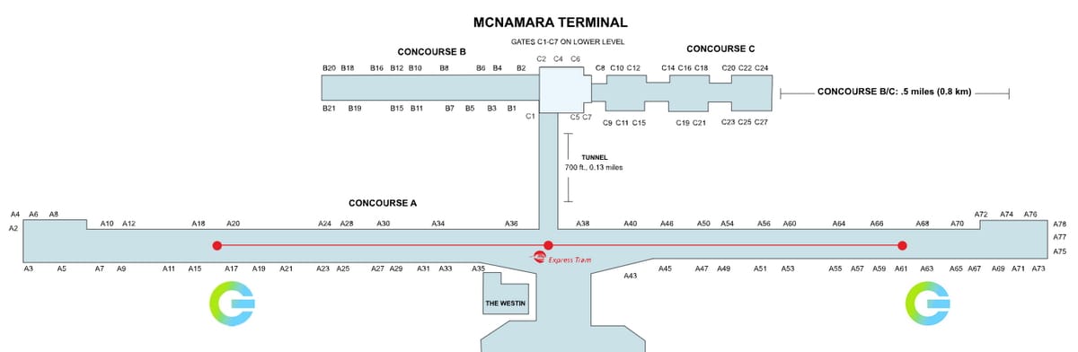 McNamara terminal map showing both Gameway lounges in Detroit.