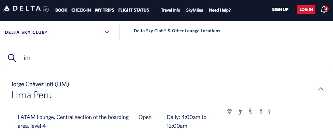 search results from Delta website showing the LATAM lounge in Lima.