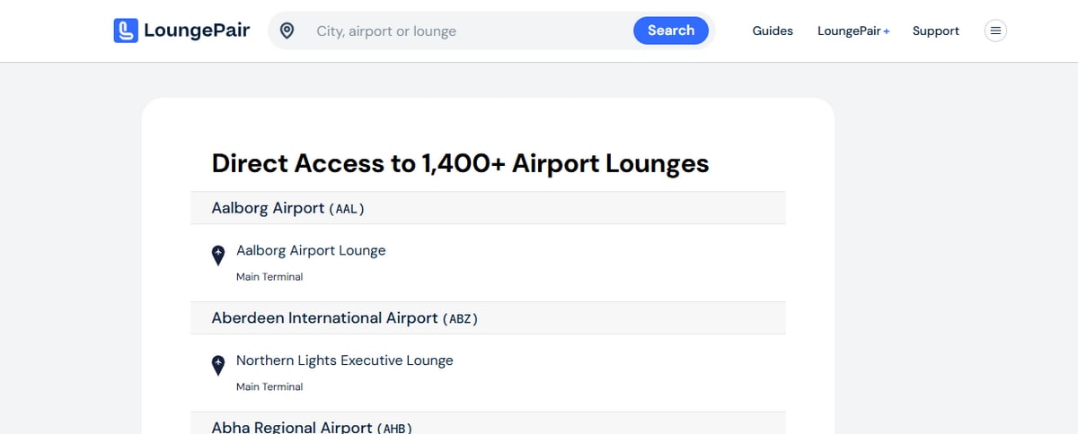 A screenshot of the lounge search on the LoungePair website.