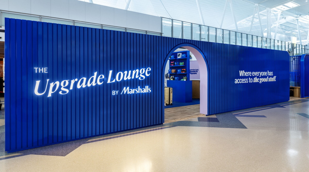 Blue wall and entrance to the Marshalls pop-lounge.