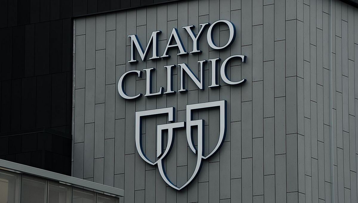 Mayo Clinic logo printed on side of building.
