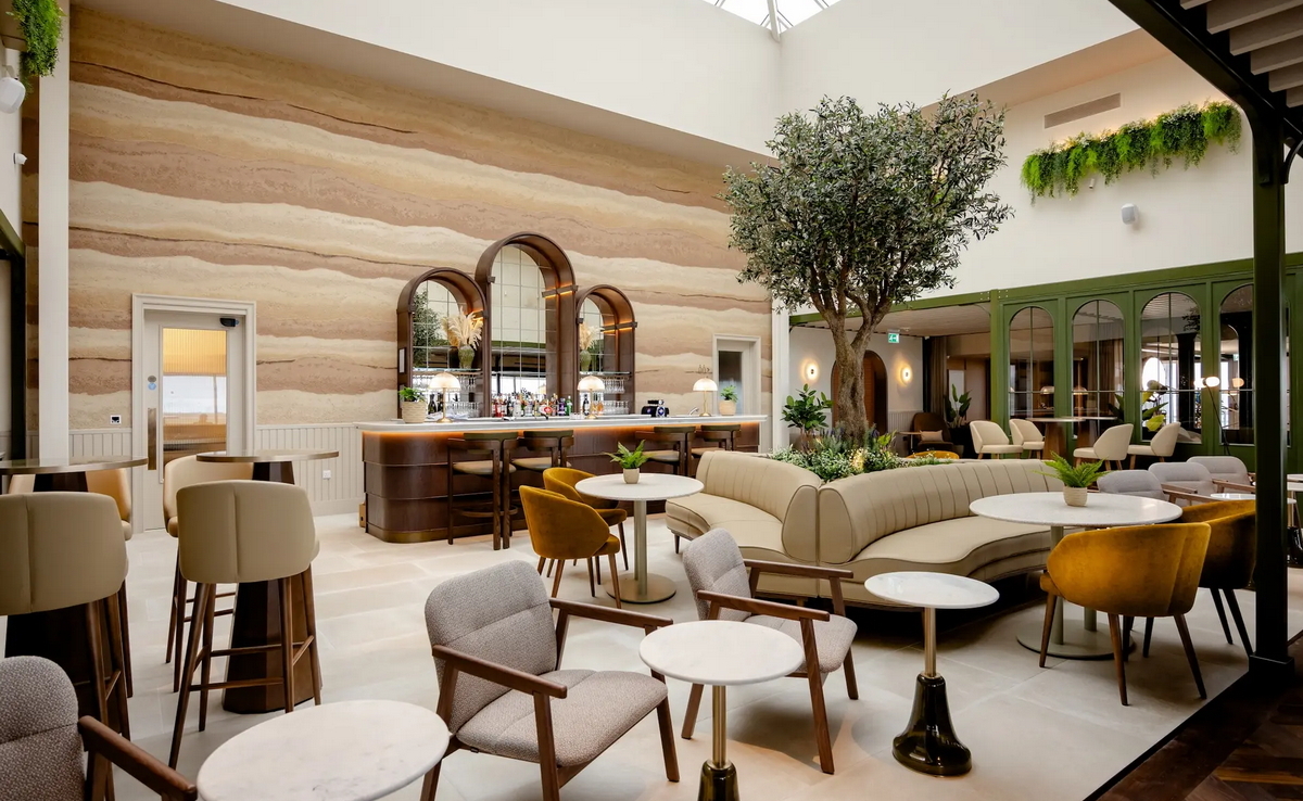 bar seating area with chairs and tables.
