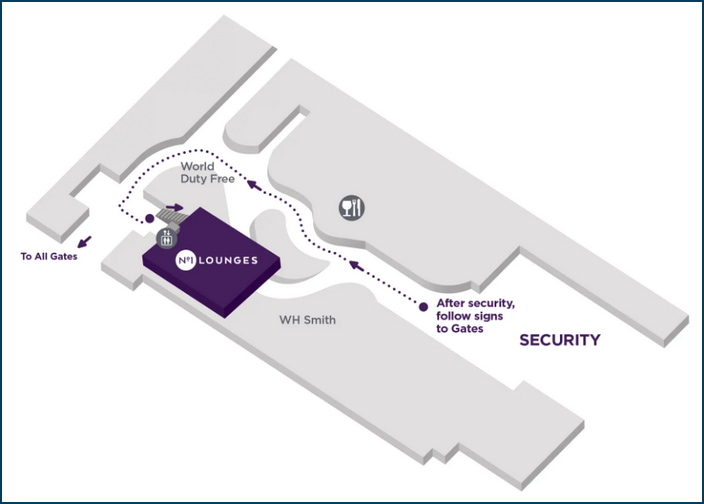 location map showing the No1 lounge past security.