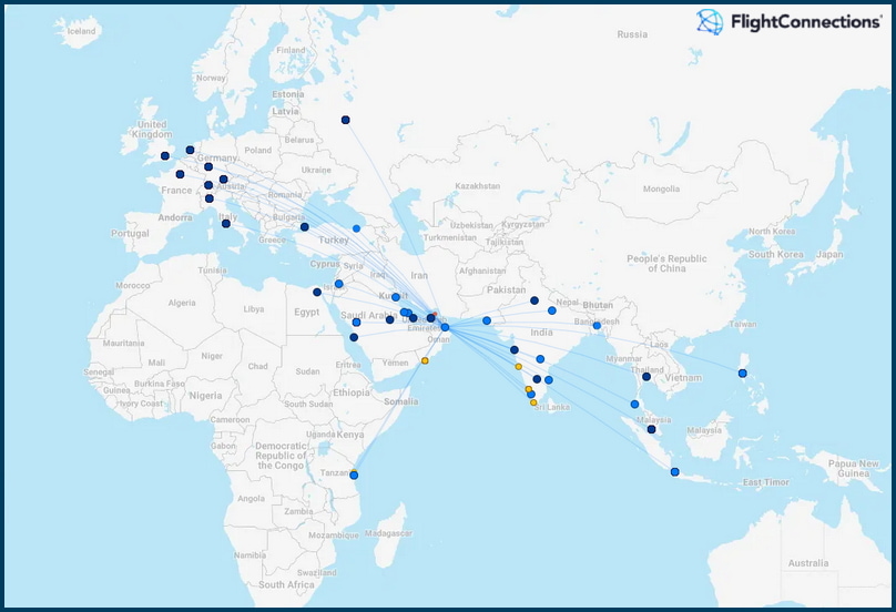 Map showing flight routes flown by Oman Air.