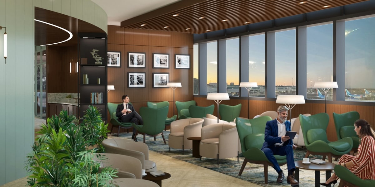 rendering of the seating area with windows and airport views.