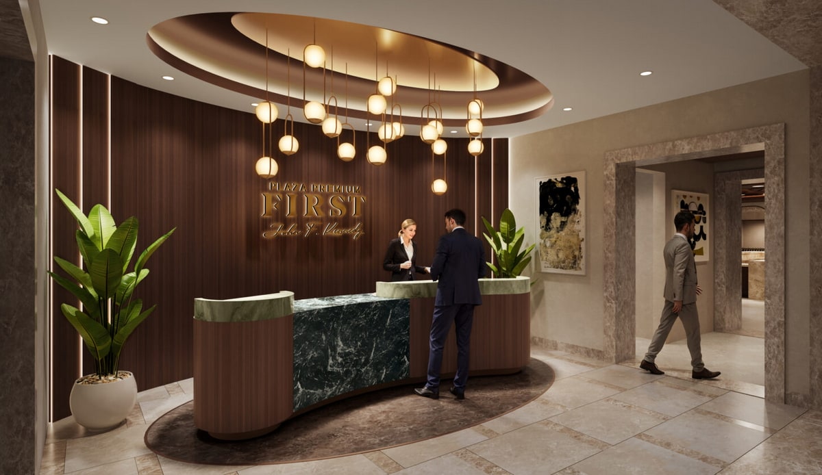 Rendering of the front desk with a customer and agent helping them.