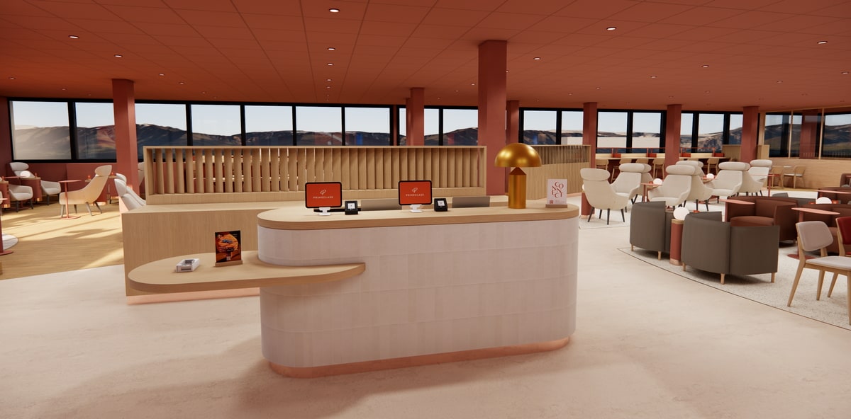 Rendering of the Primeclass lounge at Sofia airport with windows in the background.