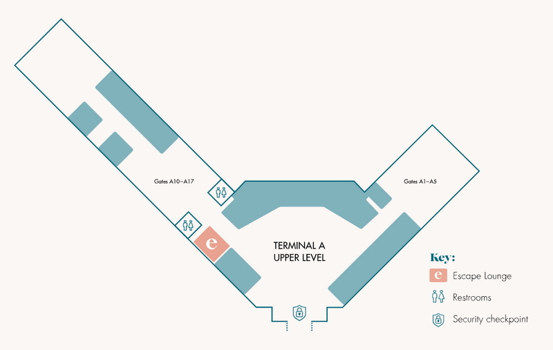 Terminal map showing location of Escape lounge at Sacramento terminal A.