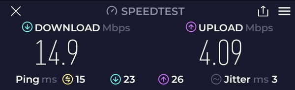 Wi-Fi speed test results showing 14.9 Mbps down and 4.09 Mbps up.