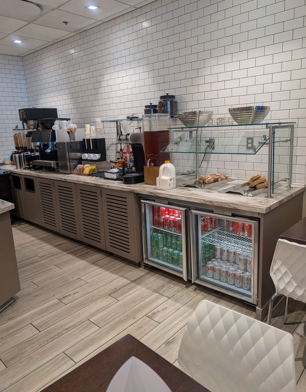 coffee, tea, espresso area, with can drinks.