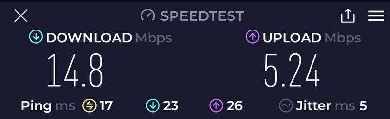speed test results showing 14.8 Mbps down and 5.24 Mbps up.