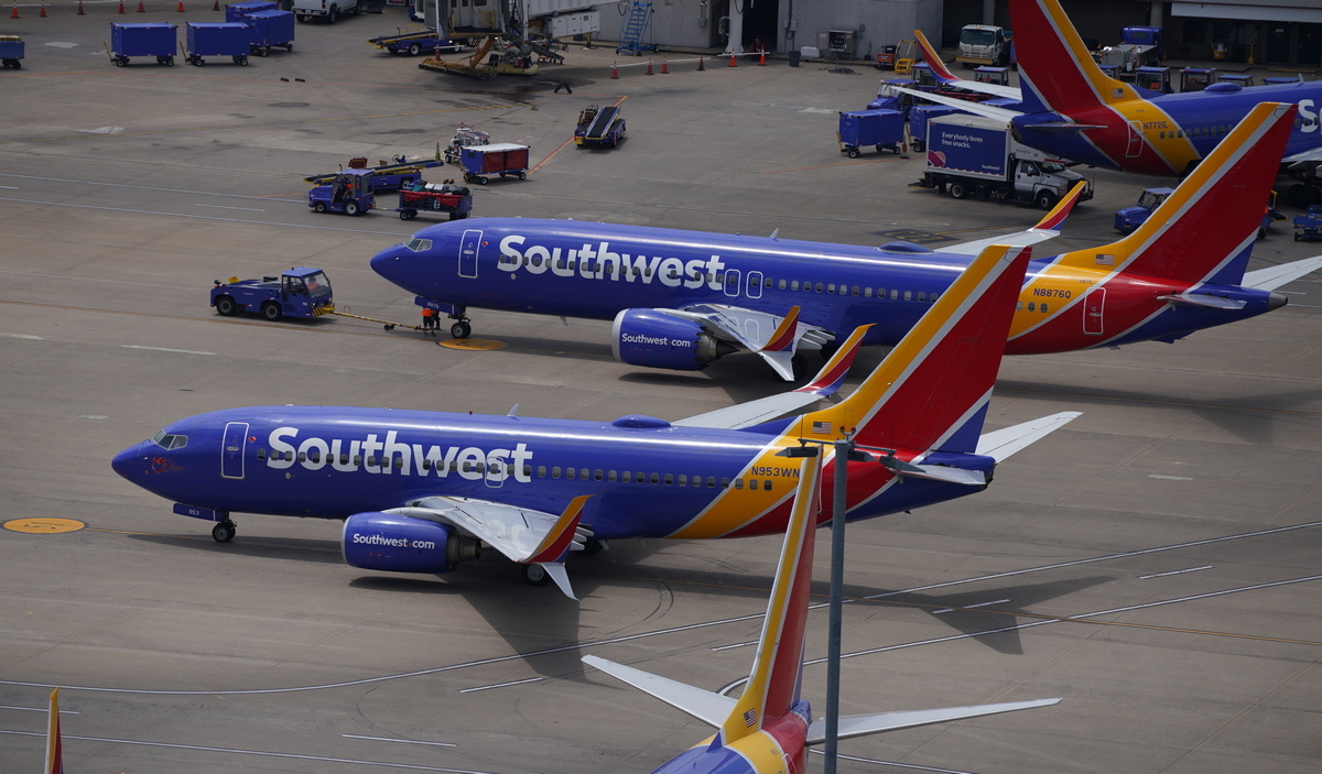 Southwest Airlines planes on the ramp at Nashville airport.