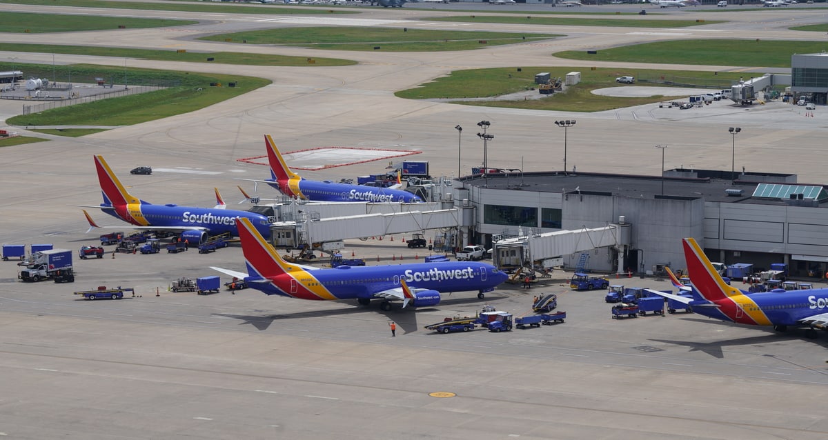 Southwest planes at different gates showing taxiway in the background, in Nashville.