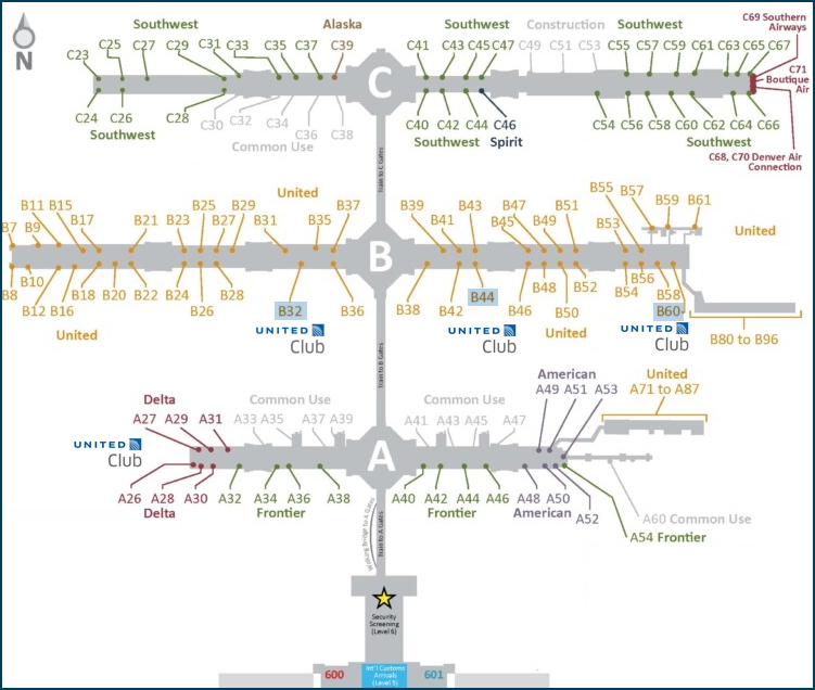 map of Denver airport showing locations of United Clubs