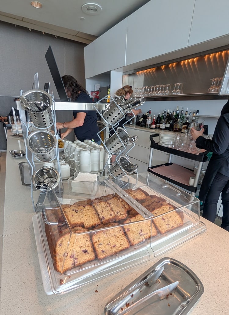 buffet area with bread, and self-serve bar.