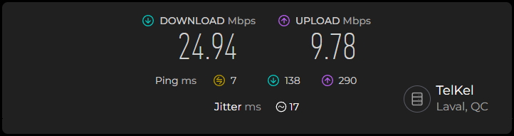 Wi-Fi speed test, showing 24.9 down and 9.8 up.