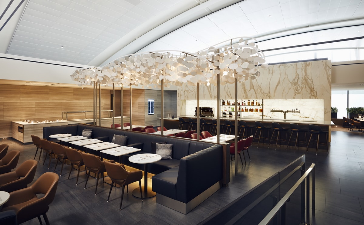seting area, buffet and bar in the background.
