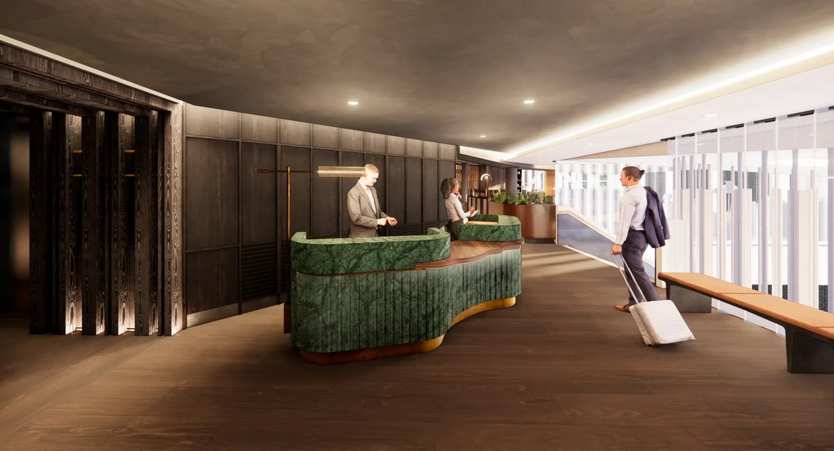 Rendering of the entrance of the Alaska Lounge in Seattle Concourse C with two people working the reception desk.