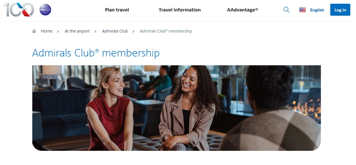 Admirals Club membership page, with a photo of people sitting in a lounge.