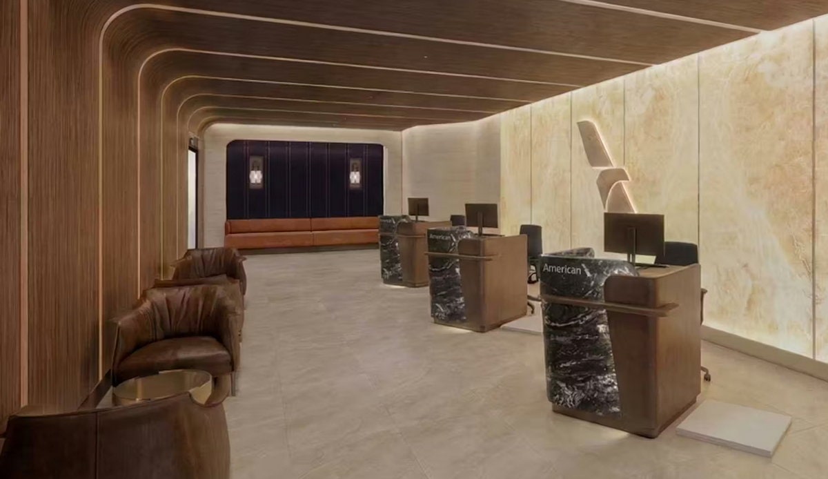 remdering of lobby for flagship check-in area at DFW, with chairs and three desks.