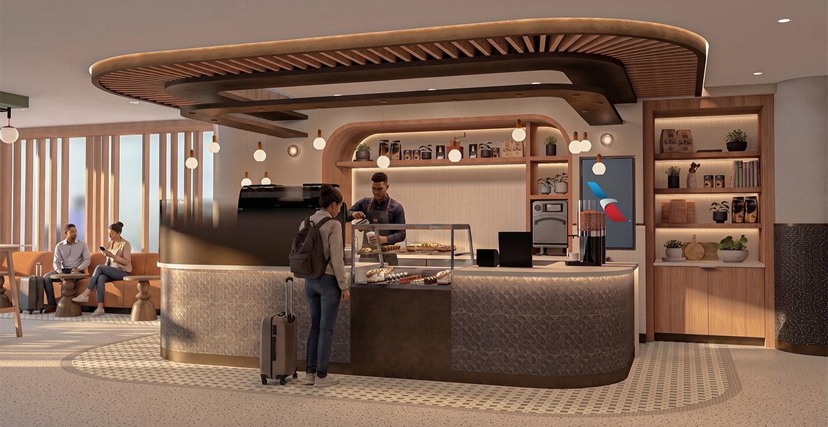 Rendering of new provisions lounge in New York, with a coffee bar and snacks, plus some seating and tables.