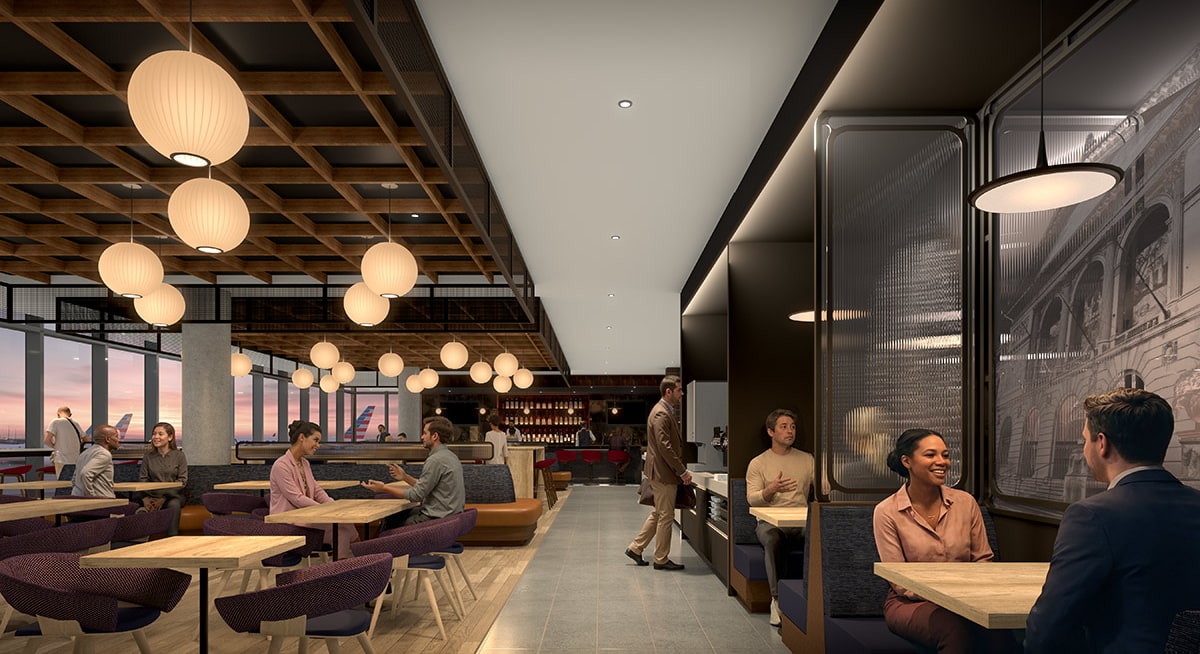 Rendering of new lounge in Chicago (L Concourse) with people sitting at tables and large windows in the background.