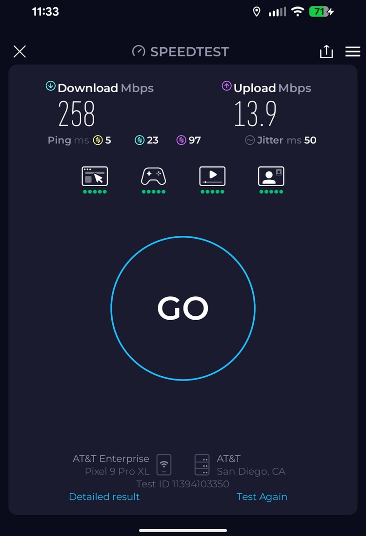 Speed test showing 258 Mbps down and 13.9 MBps down.