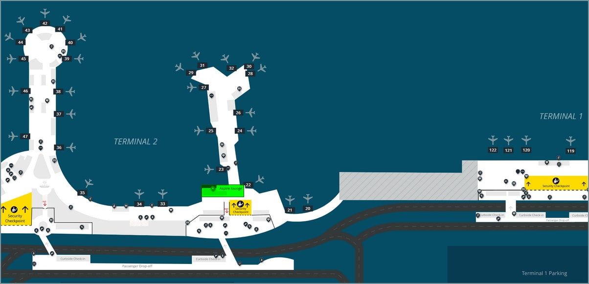 terminal map showing location of the lounge in terminal 2.