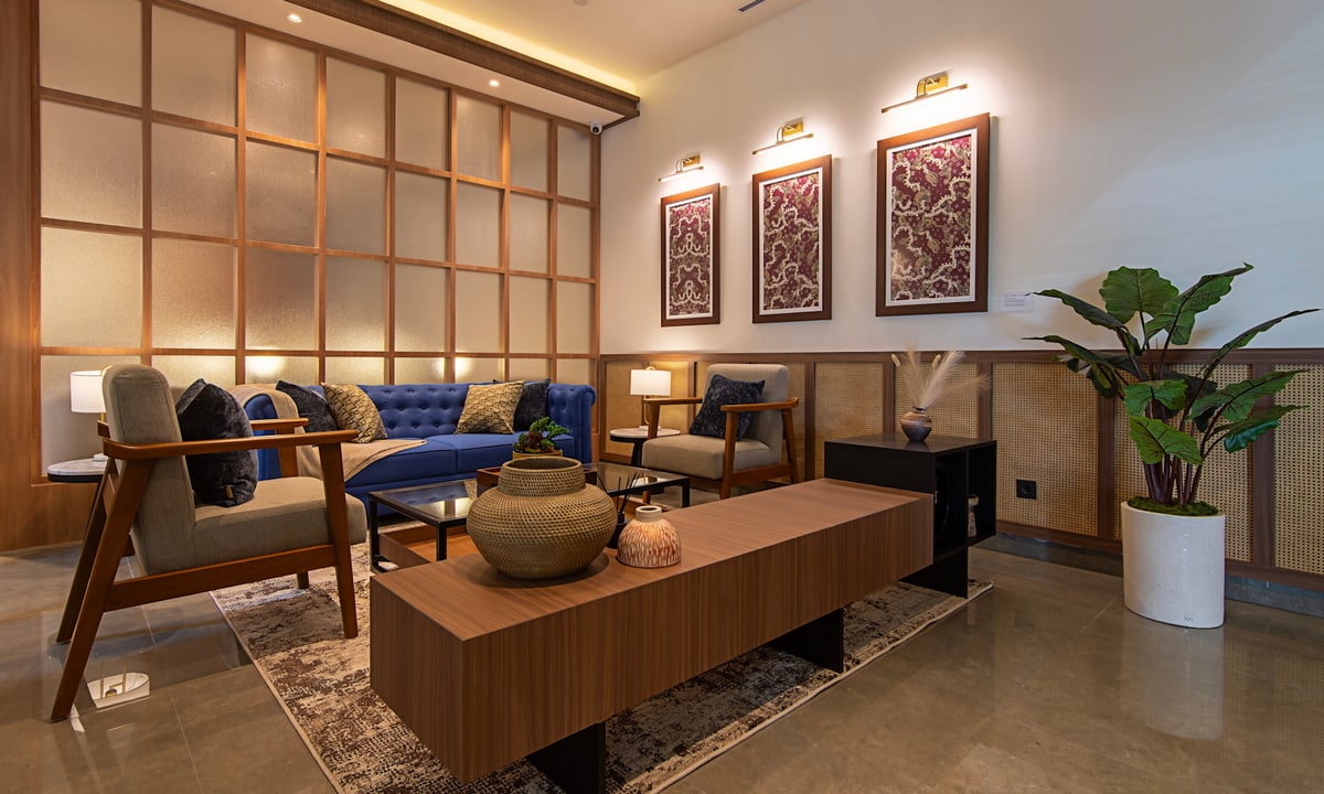 seating and tables, with warm lighting inside of lounge