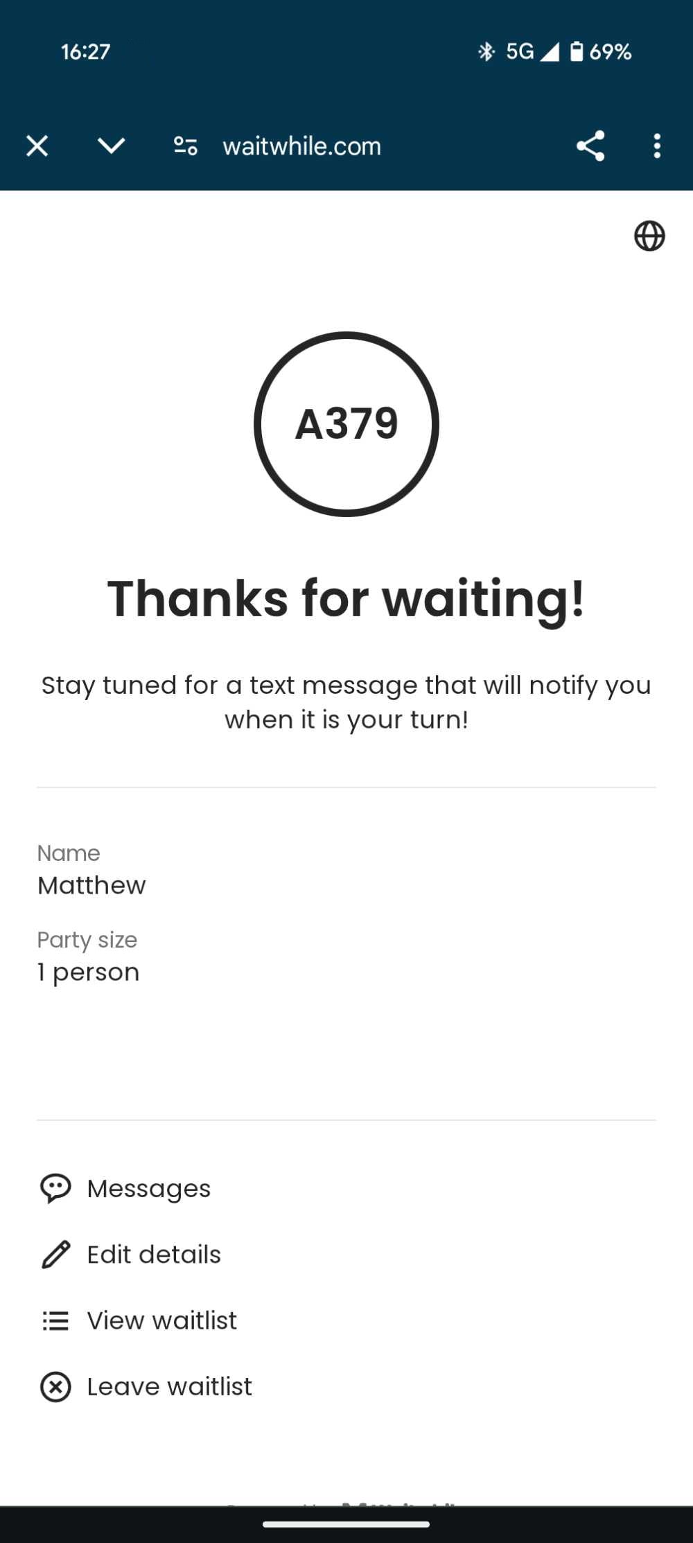 mobile phone screenshot of waitlist status.