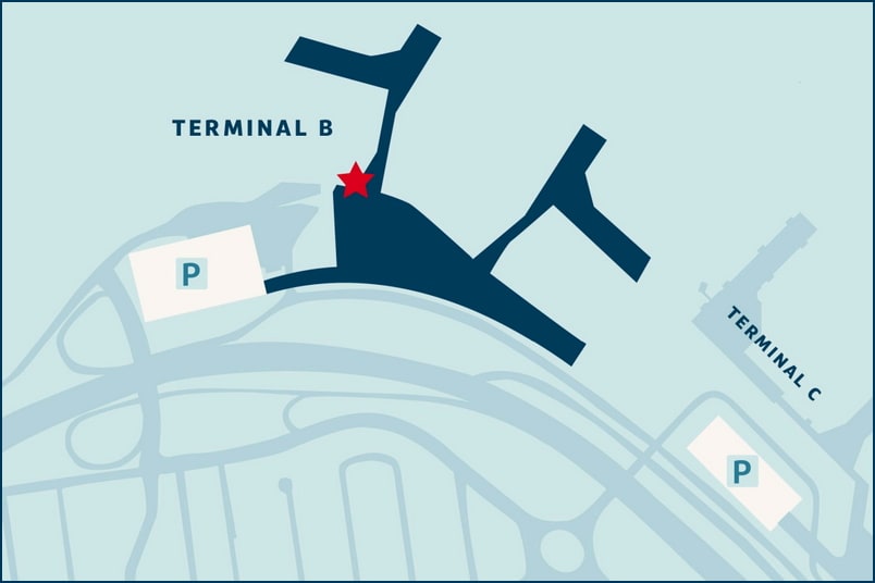 map of New York LaGuardia terminals B and C, showing a marker for location of the lounge near Terminal B.