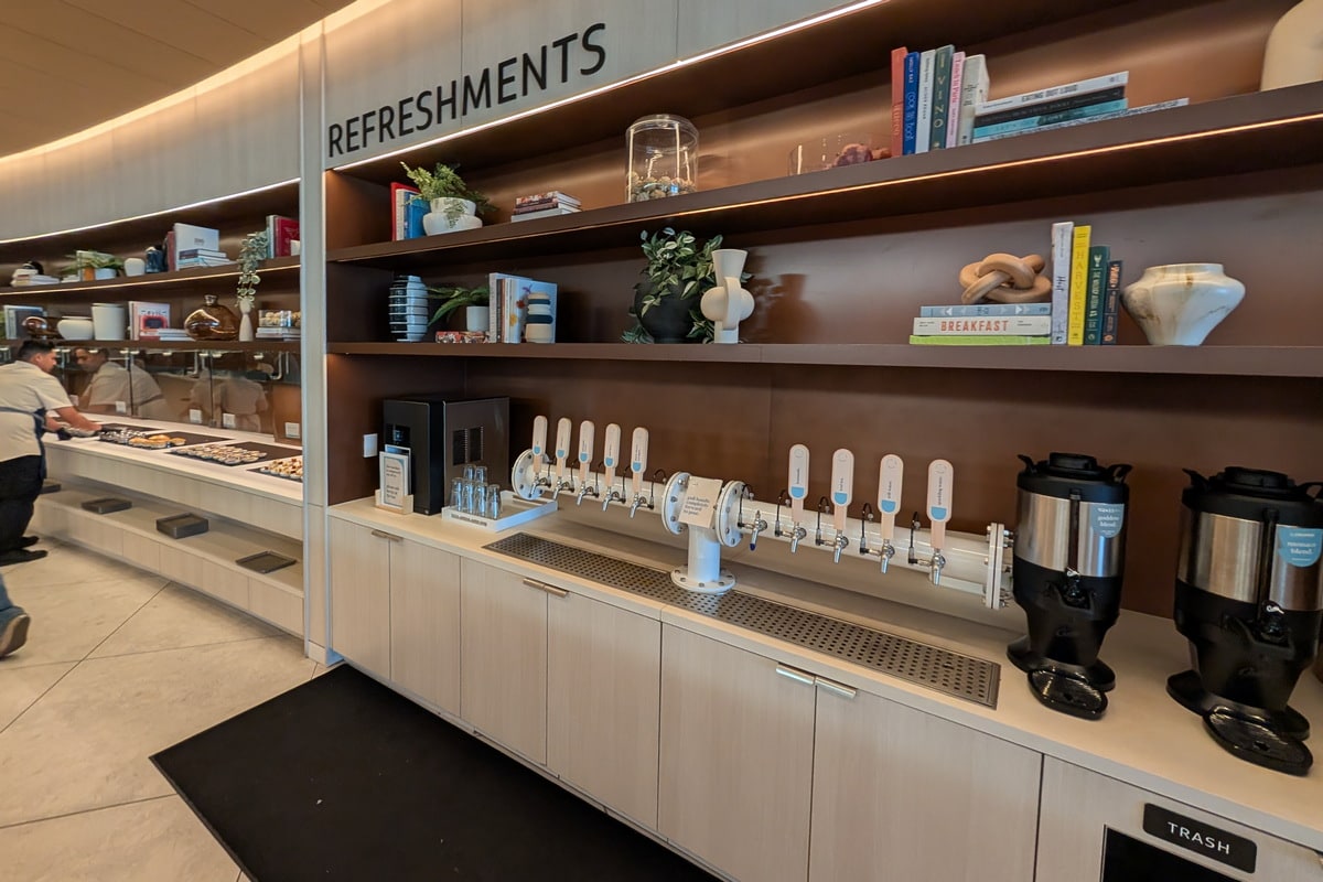 self-serve beverage station, with pull taps, coffee and tea.