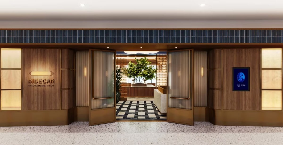 Rendering of the entrance of the Sidecar lounge in Charlotte with wood and glass highlights.