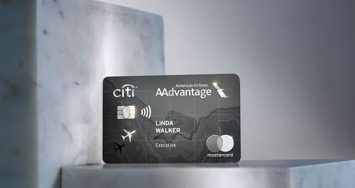 Citi AAdvantage Executive credit card sitting on top of a marble shelf.