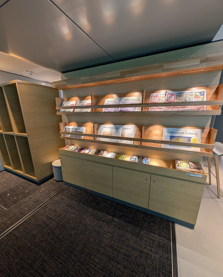 luggage storage, with newspapers and magazines.