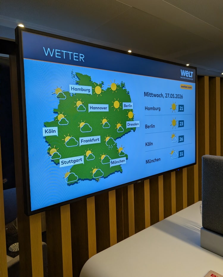TV showing weather forcast map, hanging on wall.