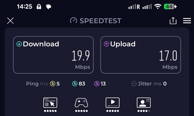Wi-Fi speed test results showing 19.9 Mbps down, 17 Mbps up, and a ping of 5 ms, using SpeedTest app.