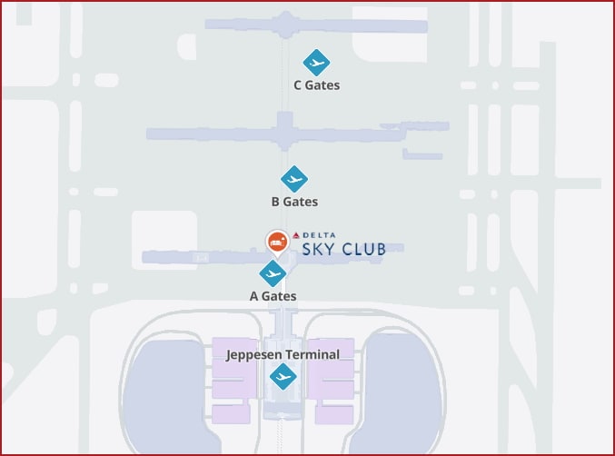 Denver airport map showing Delta Sky Club location in concourse A, central area.