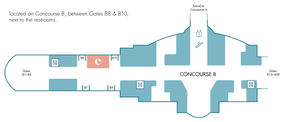 map showing concourse B with the Escape lounge on the left side near gate 10.