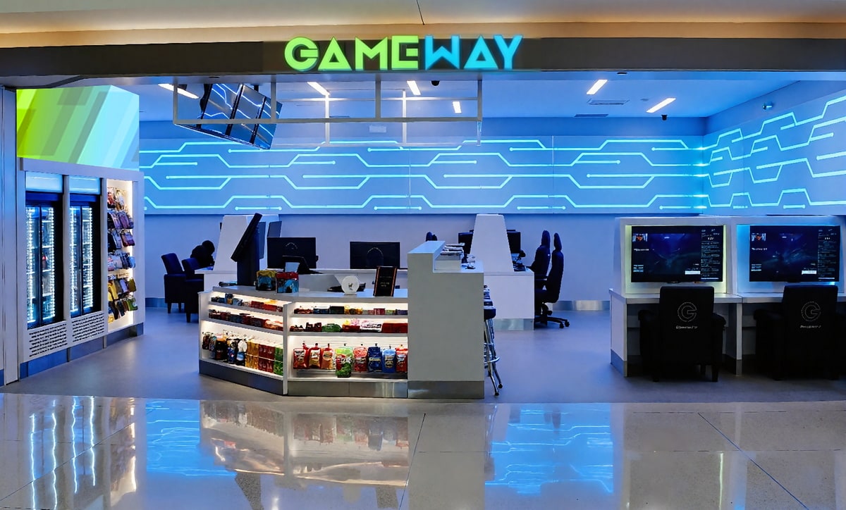 Entrance to the Gameway lounge showing monitors and video game consoles.