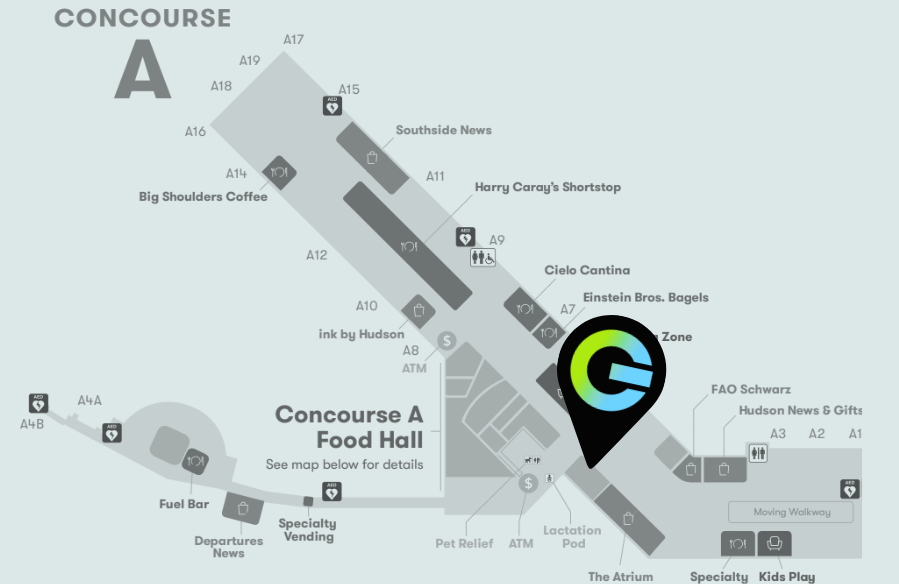 Terminal map showing location of Gameway Lounge, near FAO Schwartz