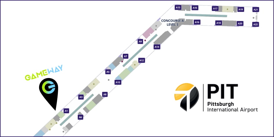 terminal map showing location of the PIT Gameway Lounge, near Gate A1.