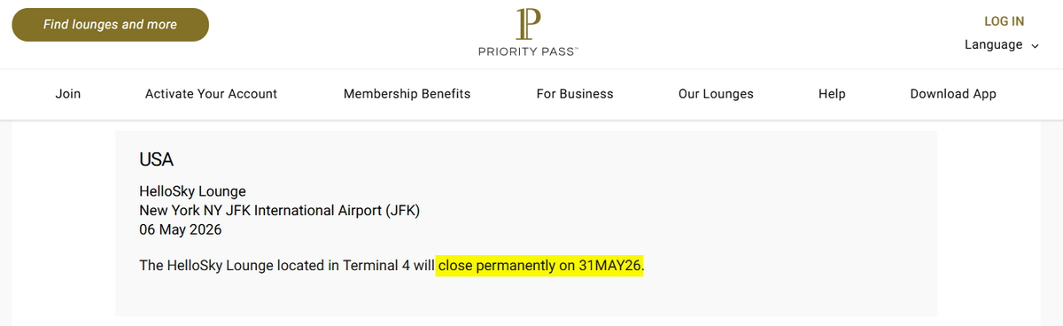 Image from the Priority Pass website showing the lounge closing.