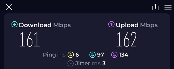 WiFi speed test, showing reults of 161 Mbps down and 162 Mbps up.