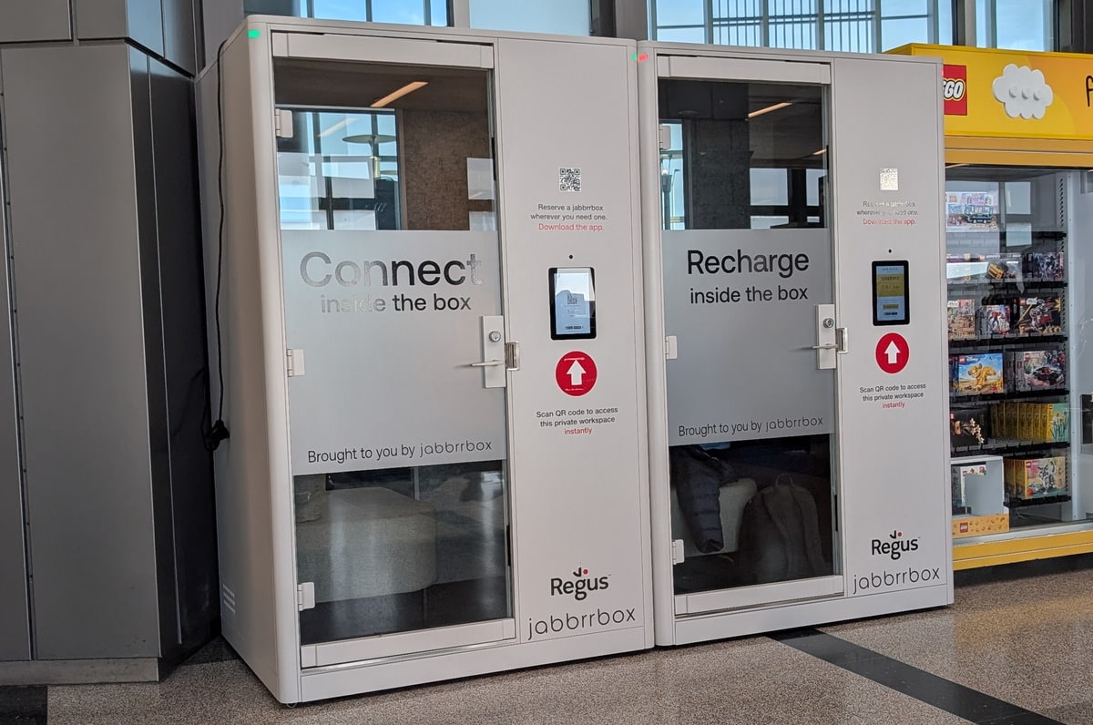 Front of two Jabbrrbox Pods in the terminal at Austin airport.