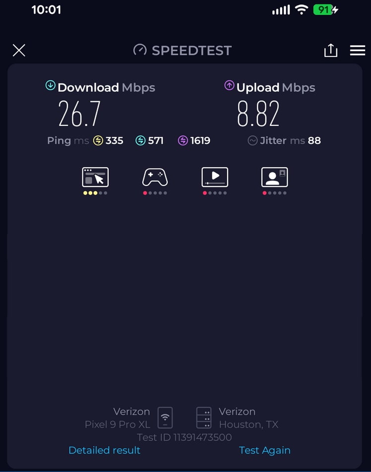 speedtest for wifi, showing 26.7 down and 8.82 up.